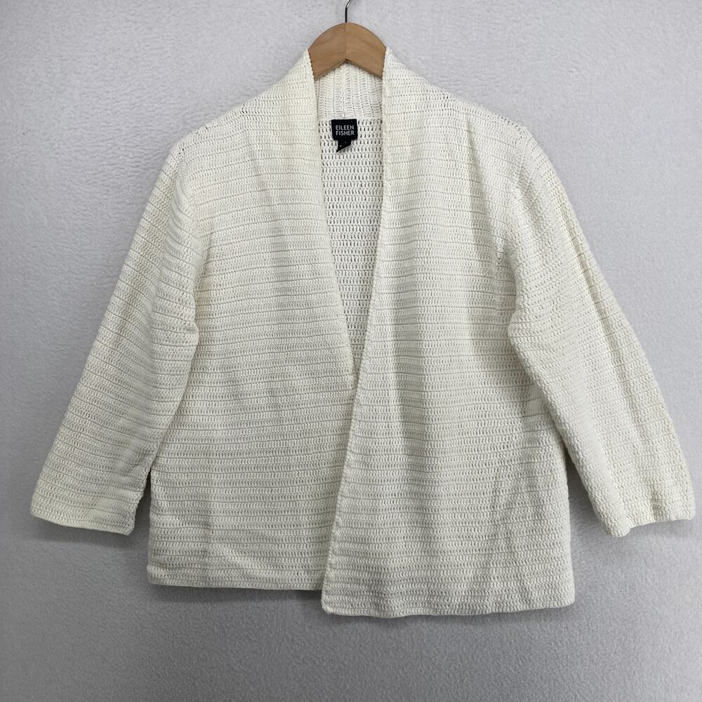 EILEEN FISHER Sweater L Cotton Crochet Cardigan Open Front 3/4 Sleeve White